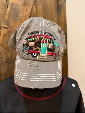 Happy Camper Embroidered Grey Baseball Cap